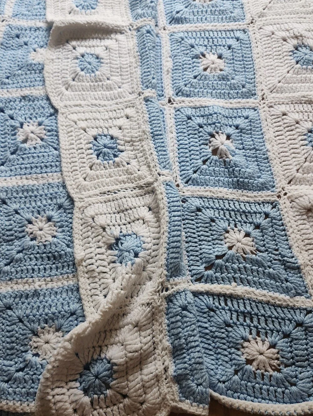 Handmade Crochet Granny Square Throw - Blue & Cream